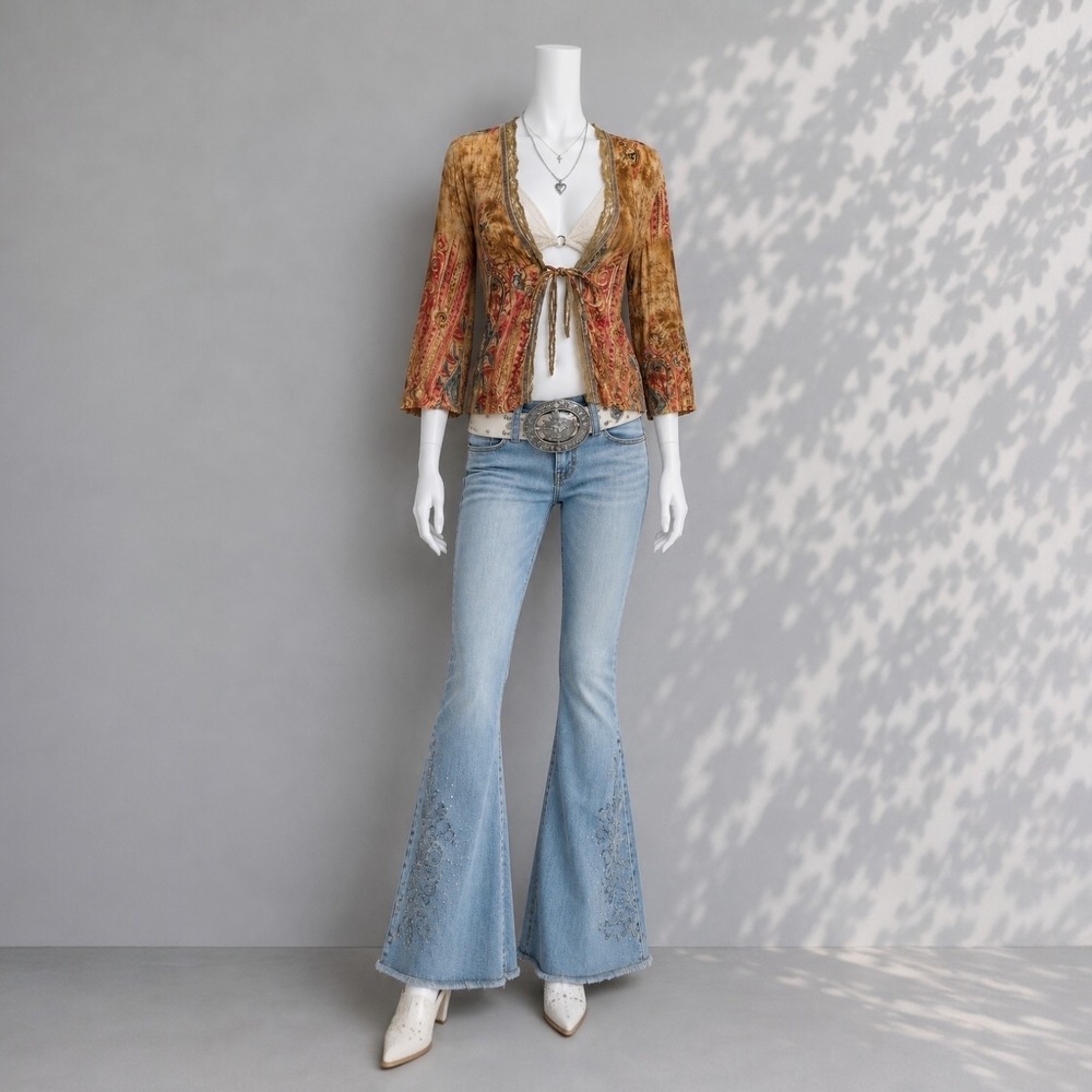 Vintage Piano Y2K Tie Front Blouse L Brown Pink Paisley Fairy Boho Festival Top - Picture 2 of 10